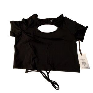 IVL Open Back Top Jet Black Solid Womens Size M Adjustable tie detail at the hem